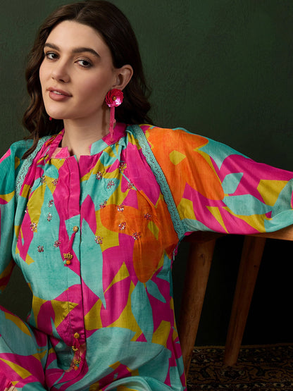 Chinon Printed A-Line Ethnic Dress - Buy Best Ethnic Wear for Women & Girls | Daily Woman - 