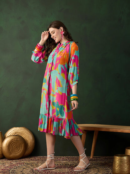 Chinon Printed A-Line Ethnic Dress - Buy Best Ethnic Wear for Women & Girls | Daily Woman - 