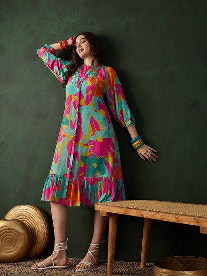 Chinon Printed A-Line Ethnic Dress - Buy Best Ethnic Wear for Women & Girls | Daily Woman - 