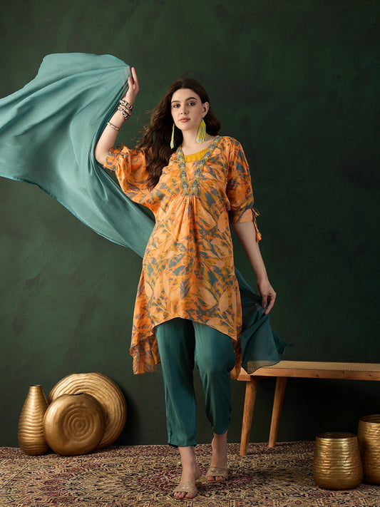 Chinon Printed Fancy Neck Kurta & Trouser With Dupatta - Buy Best Ethnic Wear for Women & Girls | Daily Woman - 