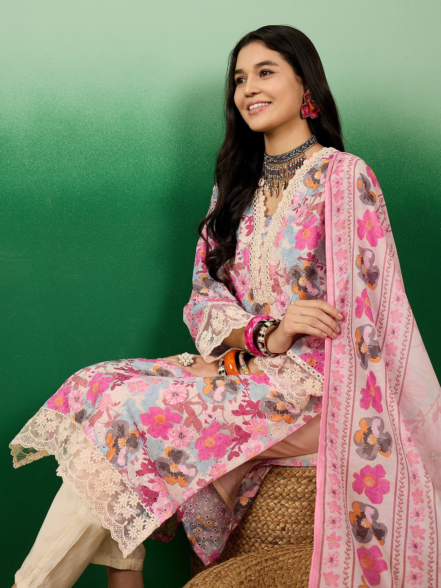 Cotton Schiffli  Floral Printed V-Neck Straight Kurta With Trousers & Dupatta - Buy Best Ethnic Wear for Women & Girls | Daily Woman - 