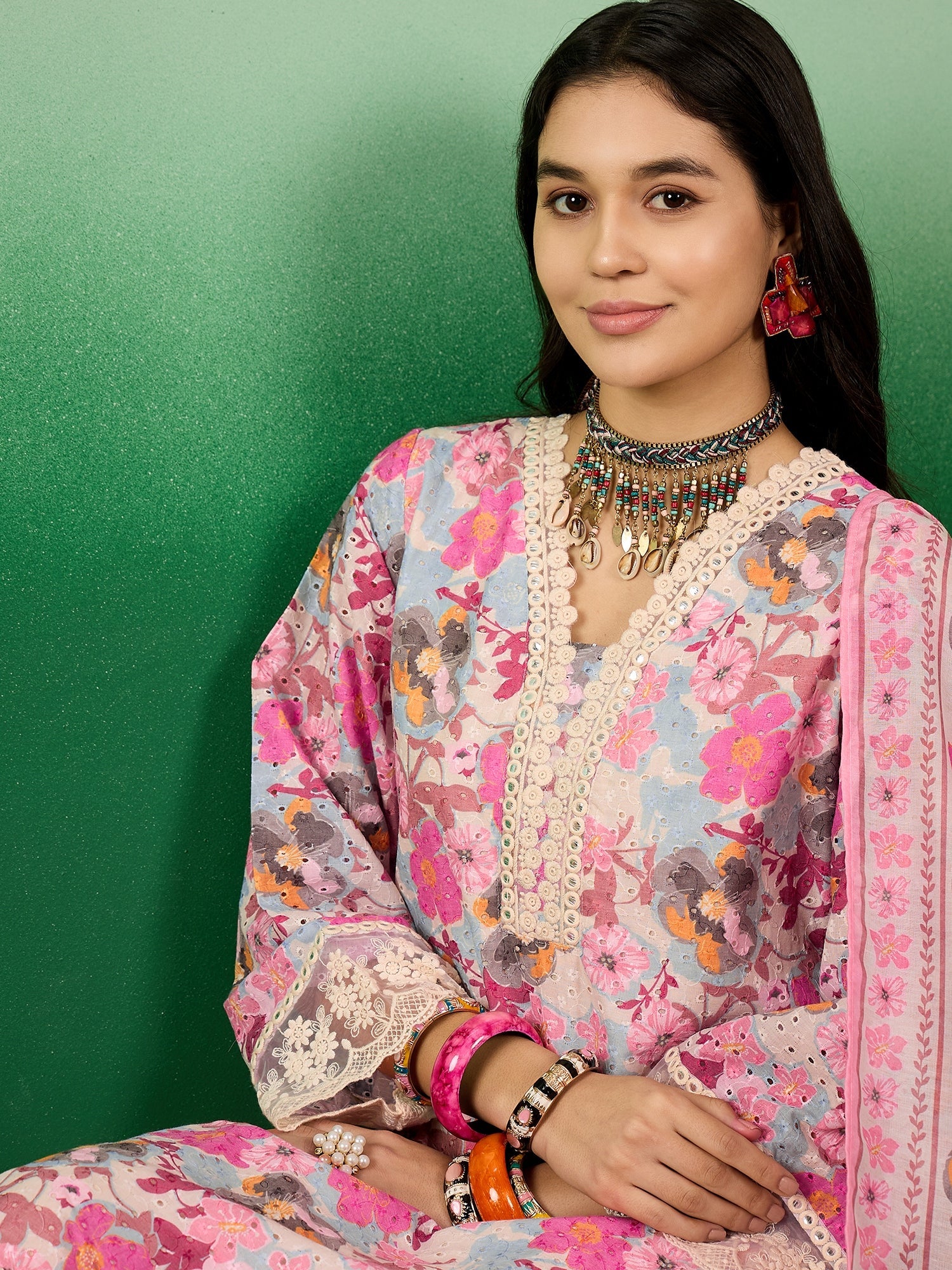 Cotton Schiffli  Floral Printed V-Neck Straight Kurta With Trousers & Dupatta - Buy Best Ethnic Wear for Women & Girls | Daily Woman - 