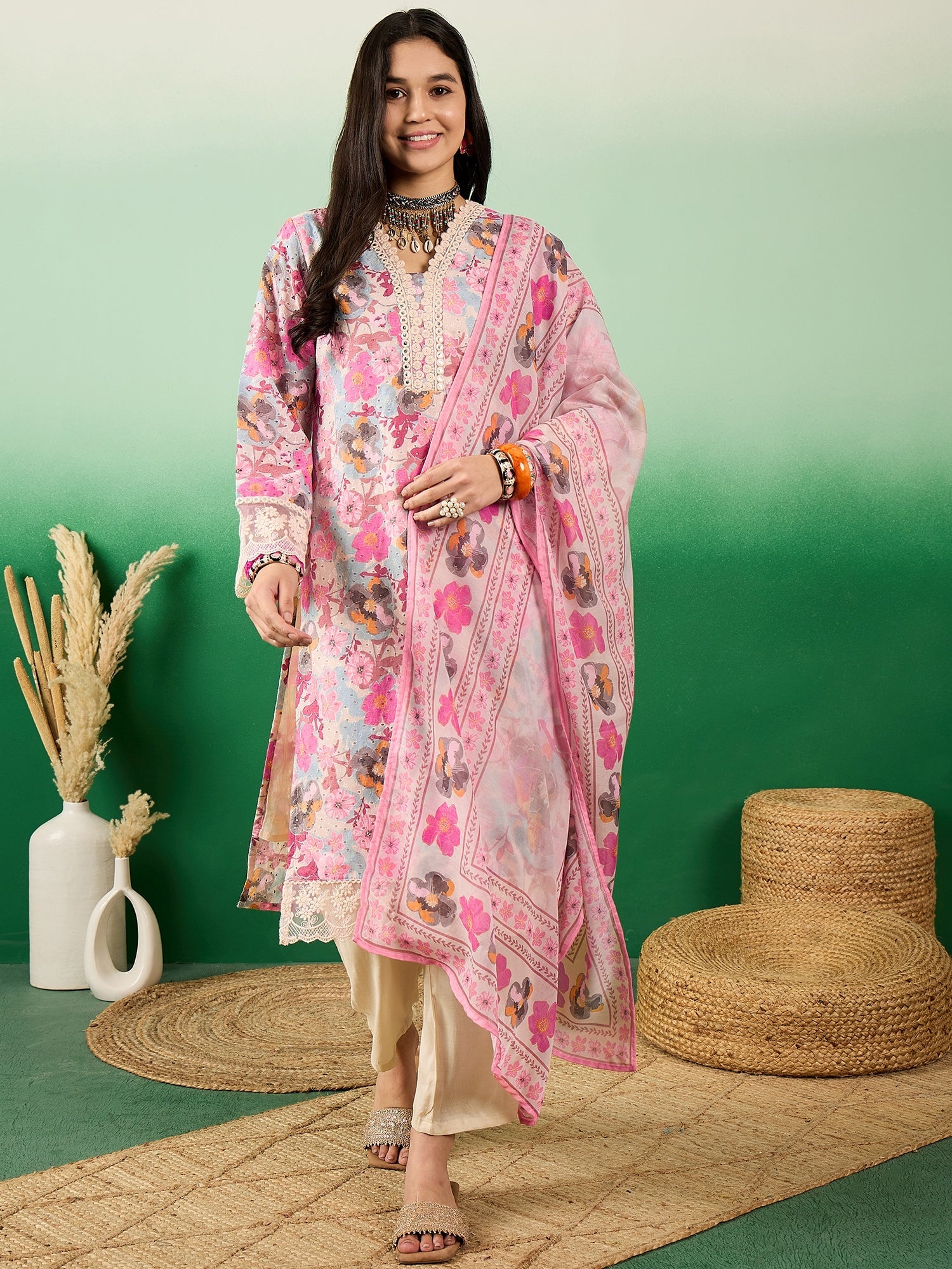 Cotton Schiffli  Floral Printed V-Neck Straight Kurta With Trousers & Dupatta - Buy Best Ethnic Wear for Women & Girls | Daily Woman - 