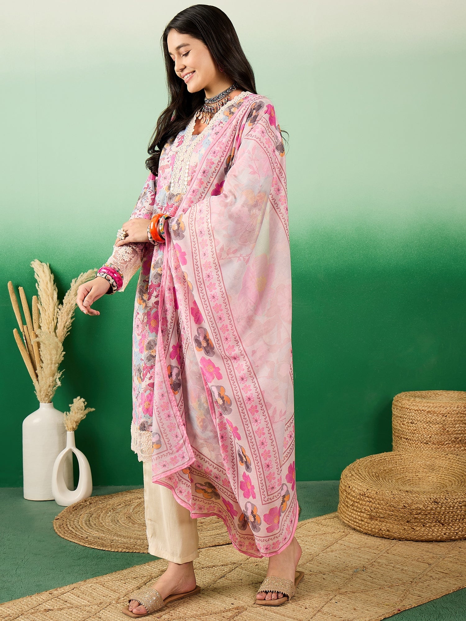 Cotton Schiffli  Floral Printed V-Neck Straight Kurta With Trousers & Dupatta - Buy Best Ethnic Wear for Women & Girls | Daily Woman - 