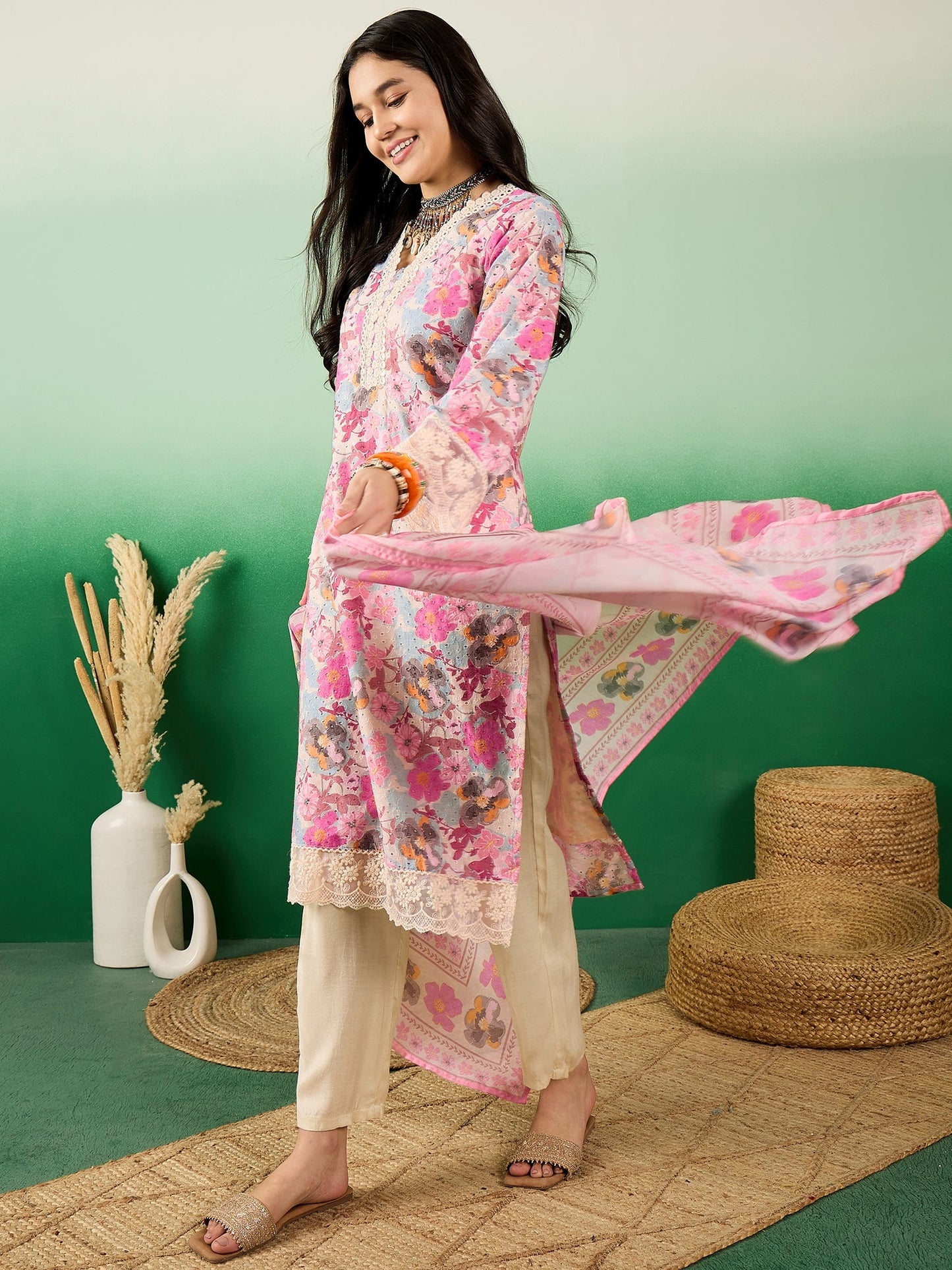 Cotton Schiffli  Floral Printed V-Neck Straight Kurta With Trousers & Dupatta - Buy Best Ethnic Wear for Women & Girls | Daily Woman - 
