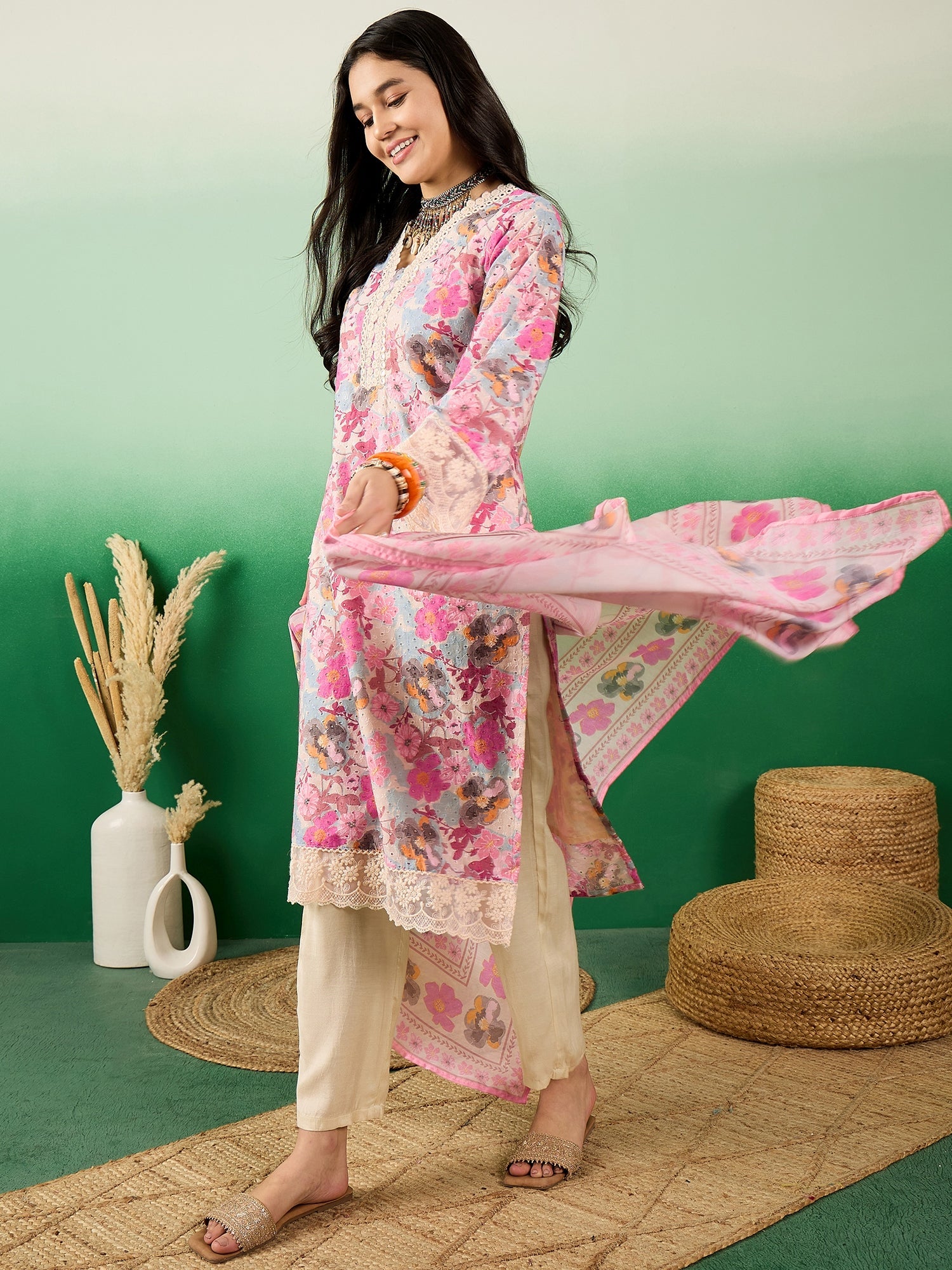 Cotton Schiffli  Floral Printed V-Neck Straight Kurta With Trousers & Dupatta - Buy Best Ethnic Wear for Women & Girls | Daily Woman - 