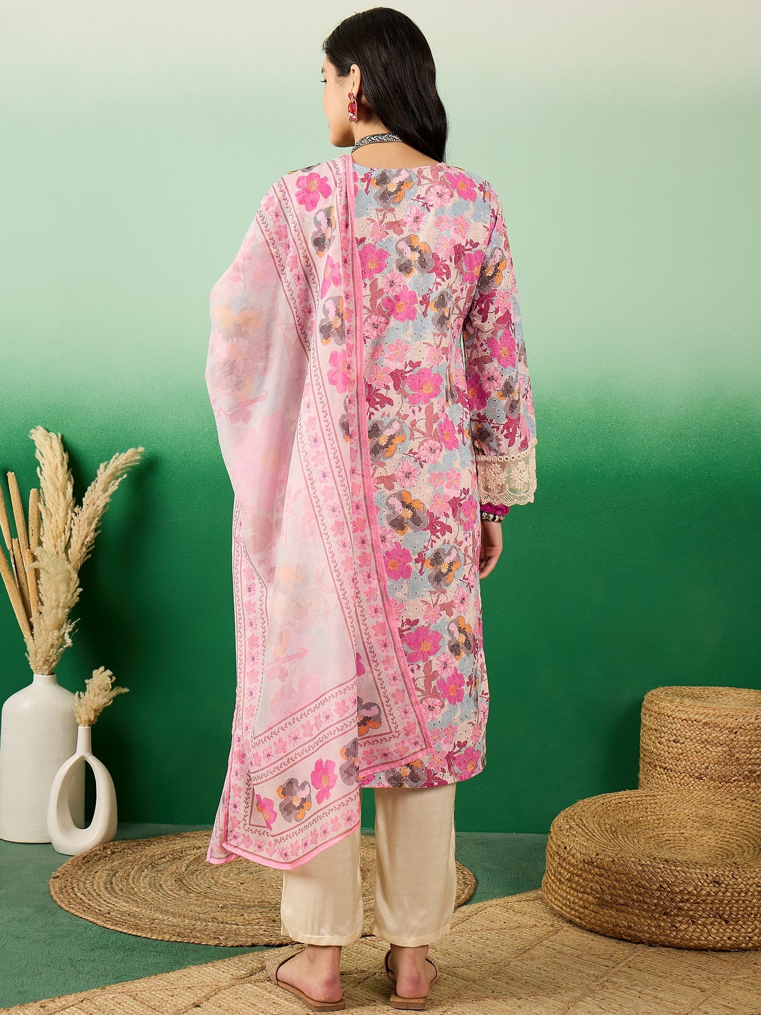 Cotton Schiffli  Floral Printed V-Neck Straight Kurta With Trousers & Dupatta - Buy Best Ethnic Wear for Women & Girls | Daily Woman - 