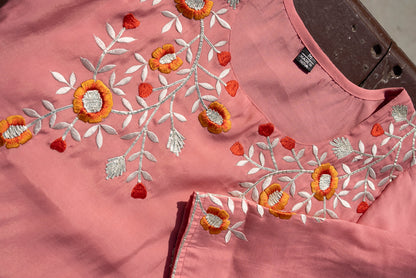 Embroidered Round Neck Straight Kurta & Trousers With Dupatta