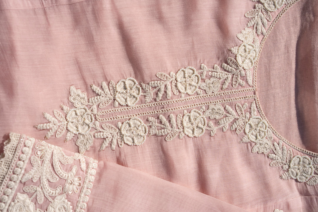 Womens Pink Embroidered Mul Chanderi Straight Kurta With Sharara & Dupatta