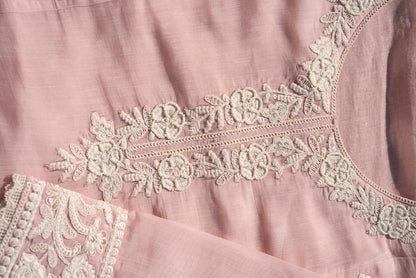 Womens Pink Embroidered Mul Chanderi Straight Kurta With Sharara & Dupatta