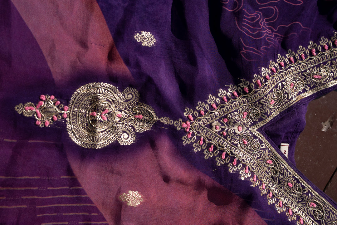 Embroidered V-Neck Kurta & Trousers With Dupatta