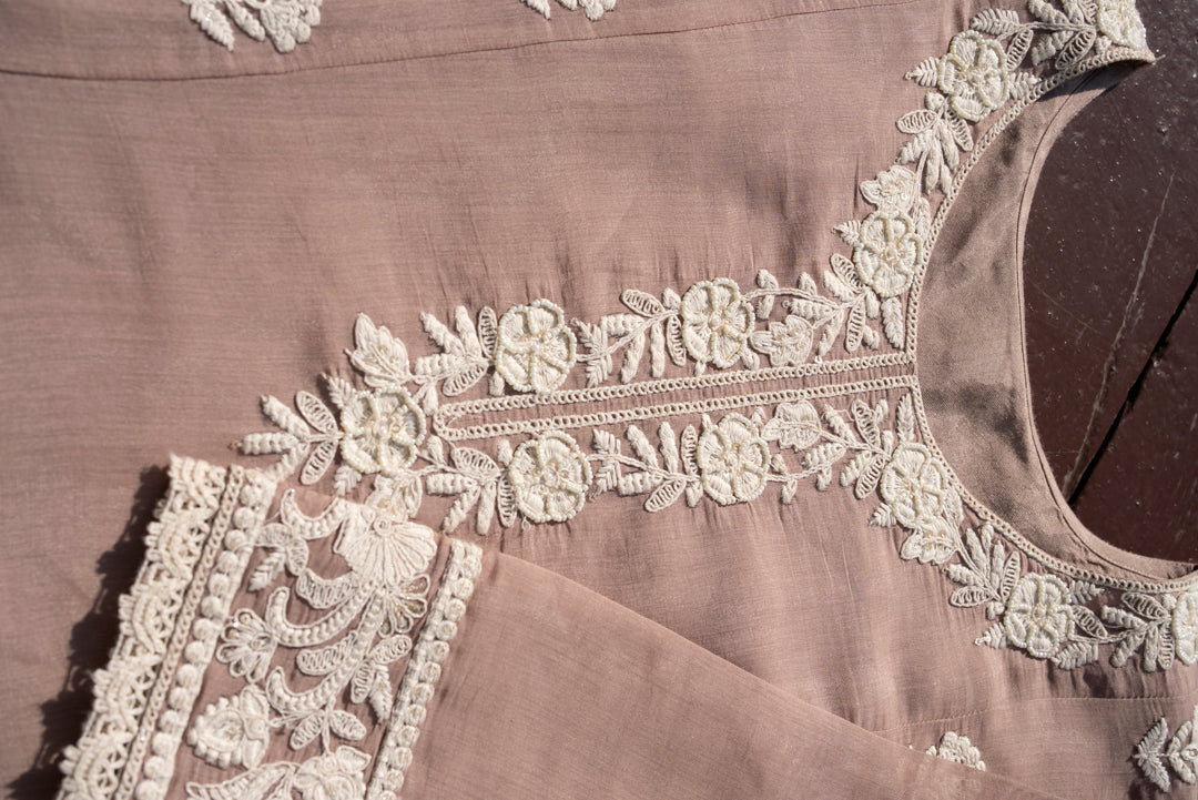 Women Peach Embroidered Mul Chanderi Kurta Sharara Set with Dupatta