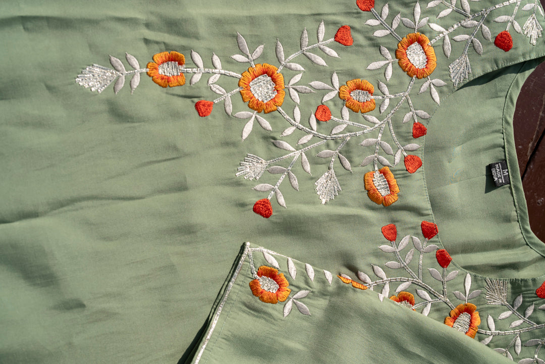 Embroidered Round Neck Straight Kurta & Trousers With Dupatta