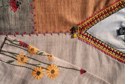 Beige Poly-Linen Embroidered 3-Piece Set
