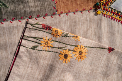 Beige Poly-Linen Embroidered 3-Piece Set