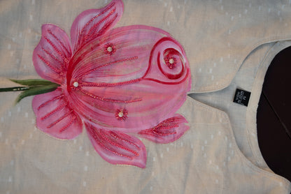 Hand-Painted Pink Lotus Cotton Kurta Set with Wide-Leg Pants