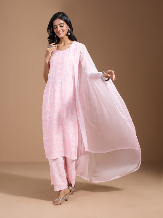 Embroidered Straight Kurta With Trouser & Dupatta - Buy Best Ethnic Wear for Women & Girls | Daily Woman - 