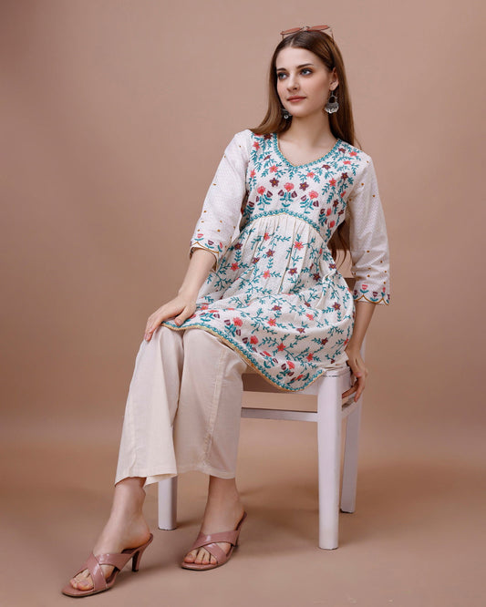 Embroidered V-Neck Pure Cotton A-Line Kurti - Buy Best Ethnic Wear for Women & Girls | Daily Woman - 