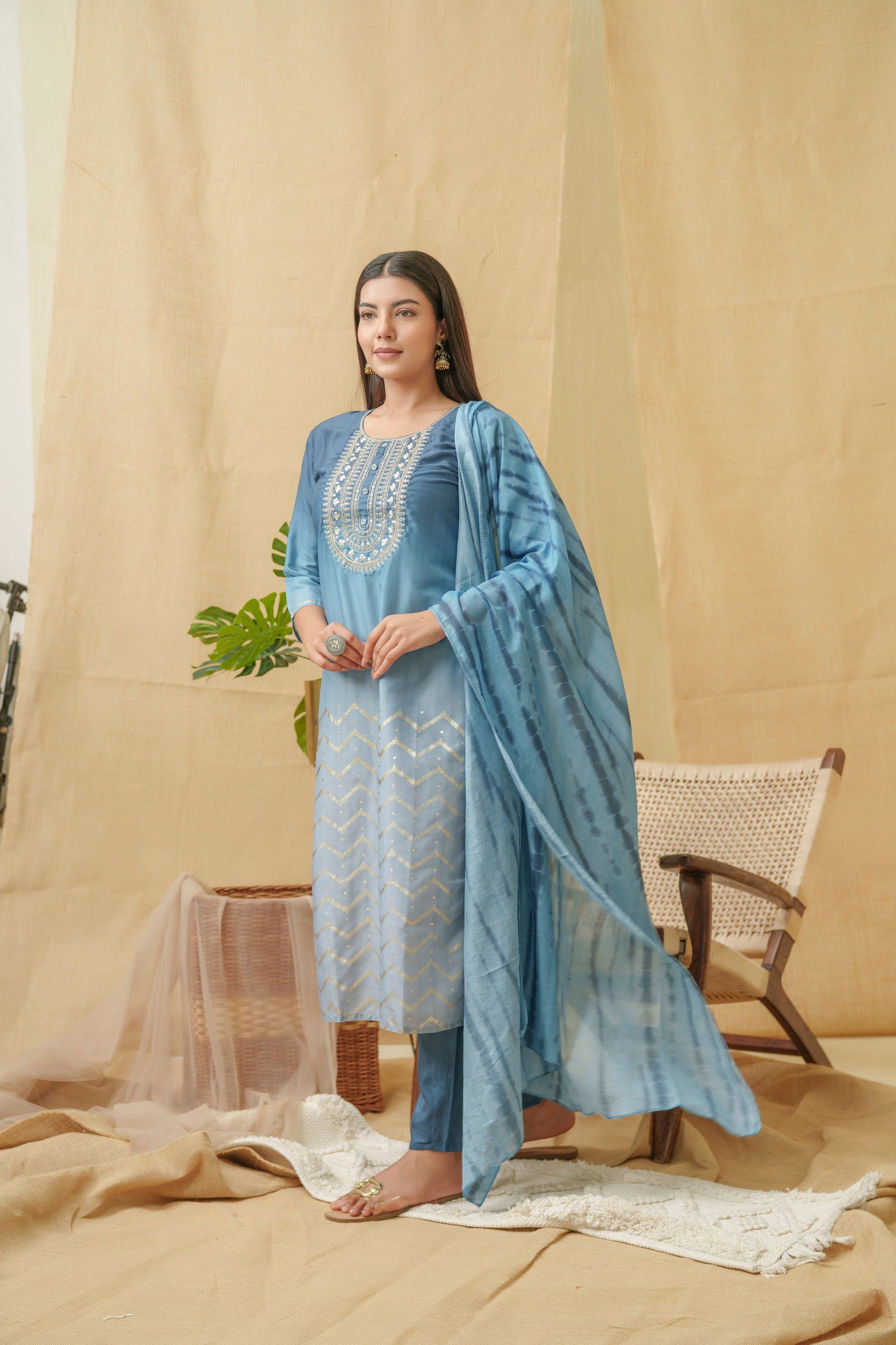 Ethnic Motifs Embroidered Kurta With Trousers & Dupatta - Buy Best Ethnic Wear for Women & Girls | Daily Woman - 