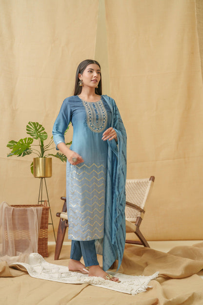 Ethnic Motifs Embroidered Kurta With Trousers & Dupatta - Buy Best Ethnic Wear for Women & Girls | Daily Woman - 