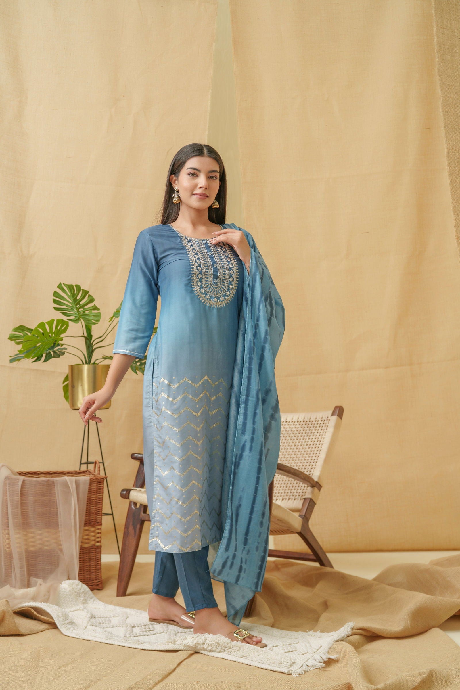 Ethnic Motifs Embroidered Kurta With Trousers & Dupatta - Buy Best Ethnic Wear for Women & Girls | Daily Woman - 