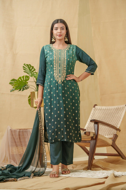 Ethnic Motifs Embroidered Pure-Silk  Kurta With Trousers & Dupatta - Buy Best Ethnic Wear for Women & Girls | Daily Woman - 