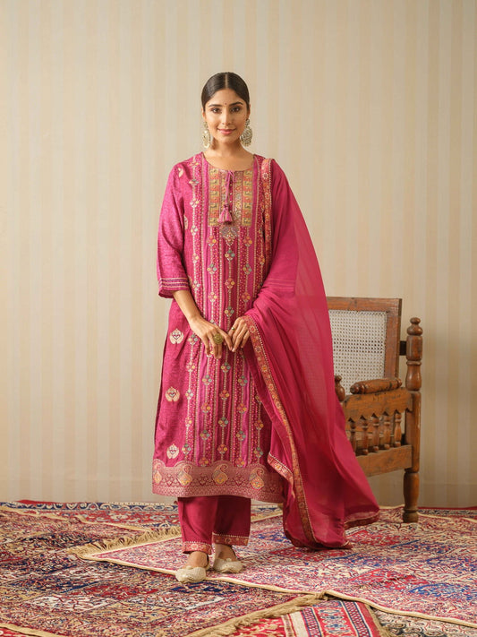 Ethnic Motifs Woven Design Straight Kurta With Trouser & Dupatta - Buy Best Ethnic Wear for Women & Girls | Daily Woman - 