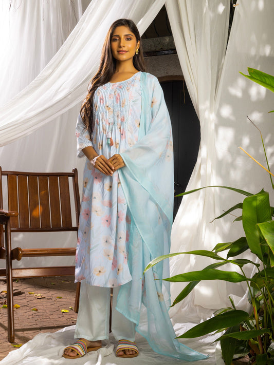 Floral-Printed Linen A-Line Kurta With Trouser & Dupatta - Buy Best Ethnic Wear for Women & Girls | Daily Woman - 
