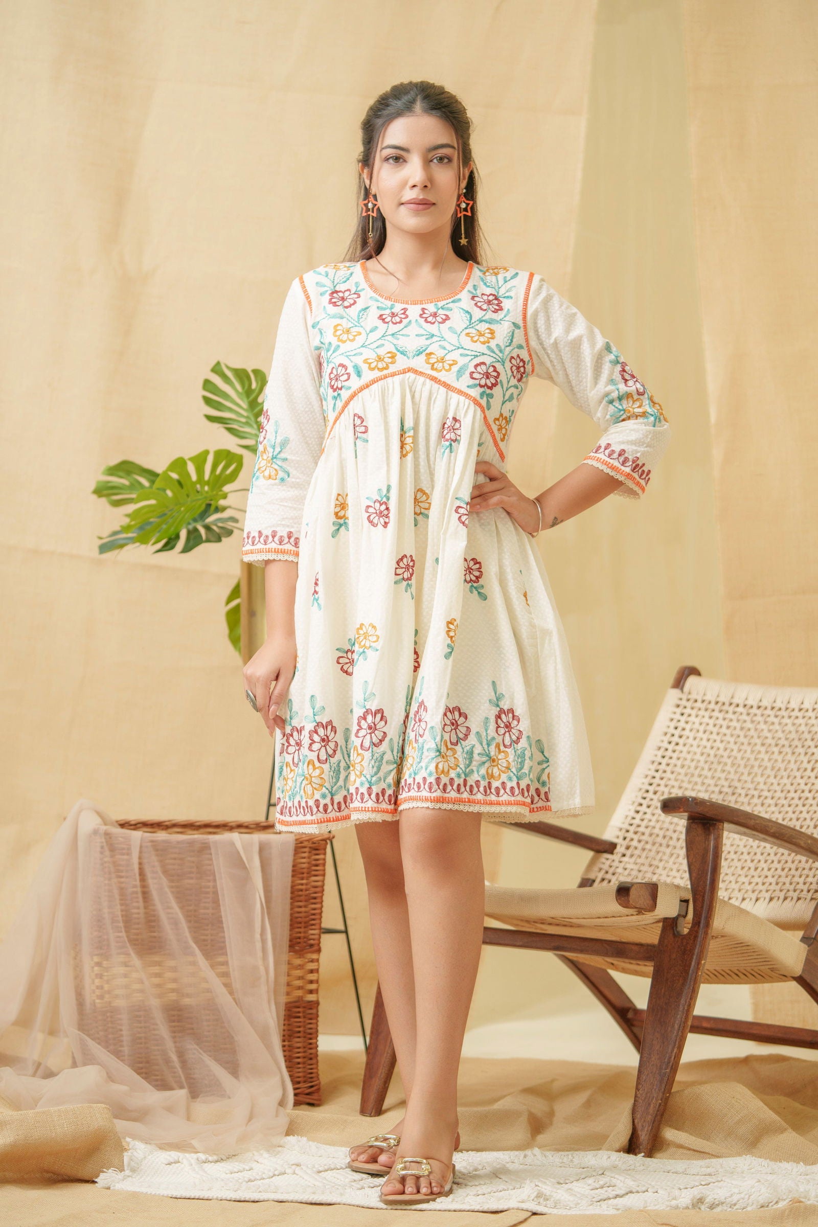 Floral Embroidered A Line Cotton Dress - Buy Best Ethnic Wear for Women & Girls | Daily Woman - 