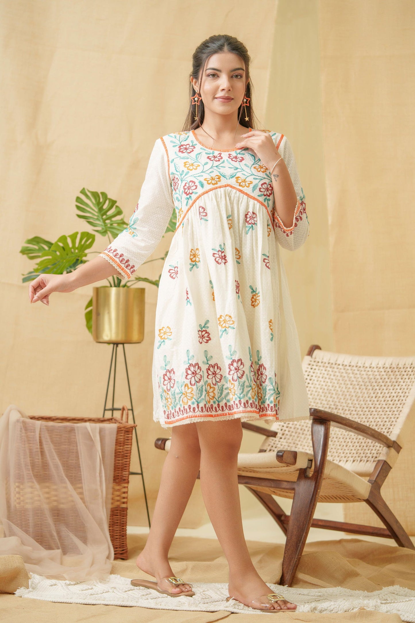 Floral Embroidered A Line Cotton Dress - Buy Best Ethnic Wear for Women & Girls | Daily Woman - 