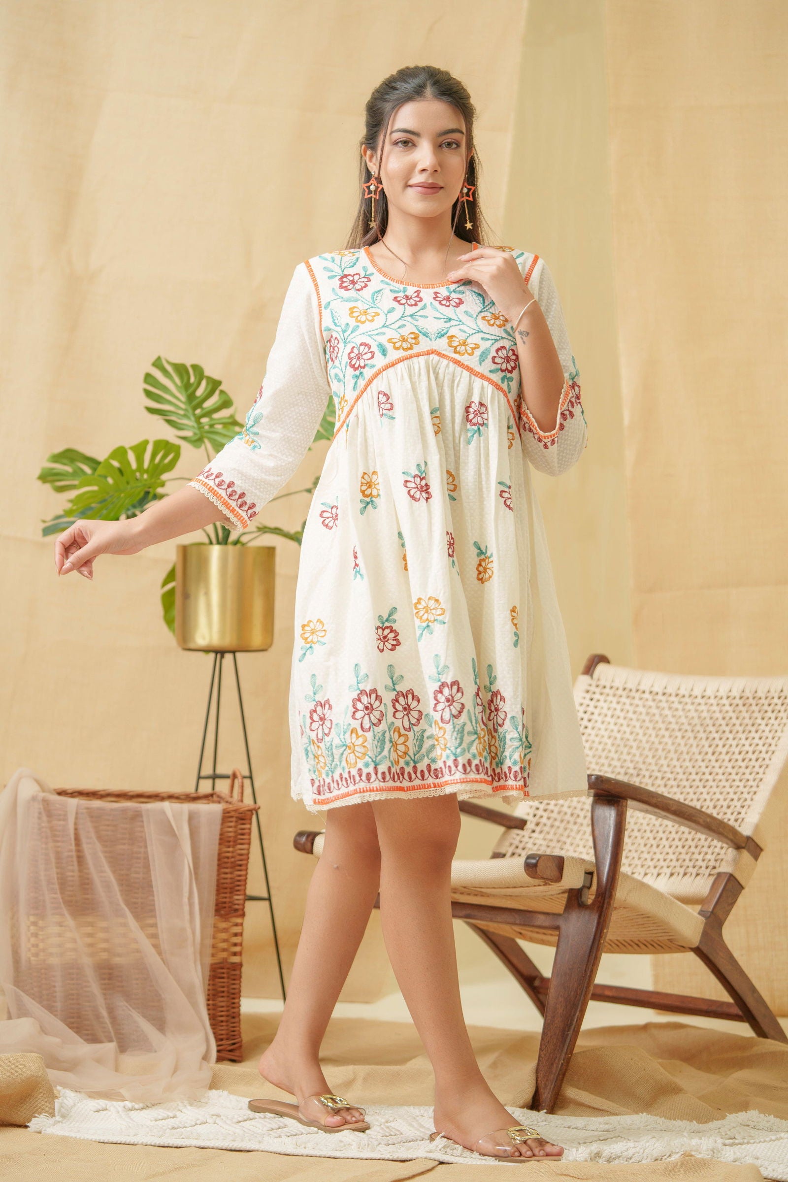 Floral Embroidered A Line Cotton Dress - Buy Best Ethnic Wear for Women & Girls | Daily Woman - 