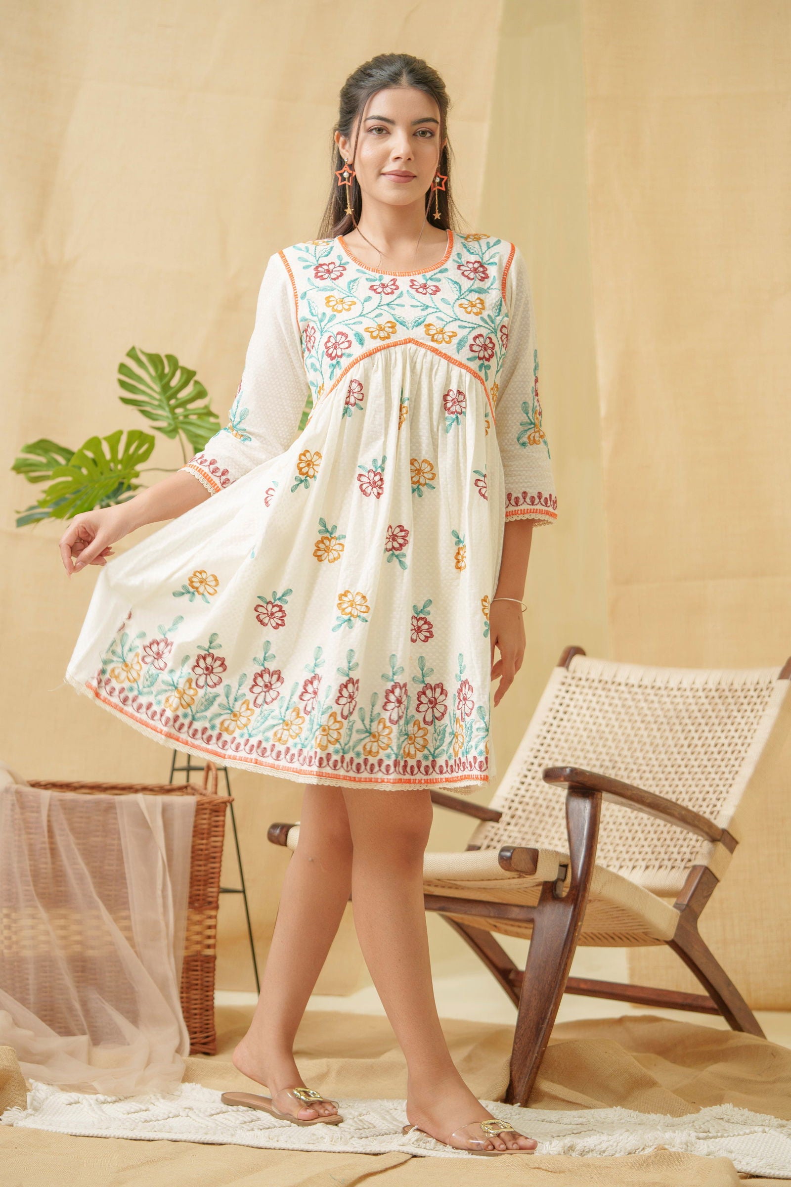 Floral Embroidered A Line Cotton Dress - Buy Best Ethnic Wear for Women & Girls | Daily Woman - 