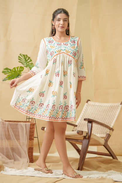 Floral Embroidered A Line Cotton Dress - Buy Best Ethnic Wear for Women & Girls | Daily Woman - 