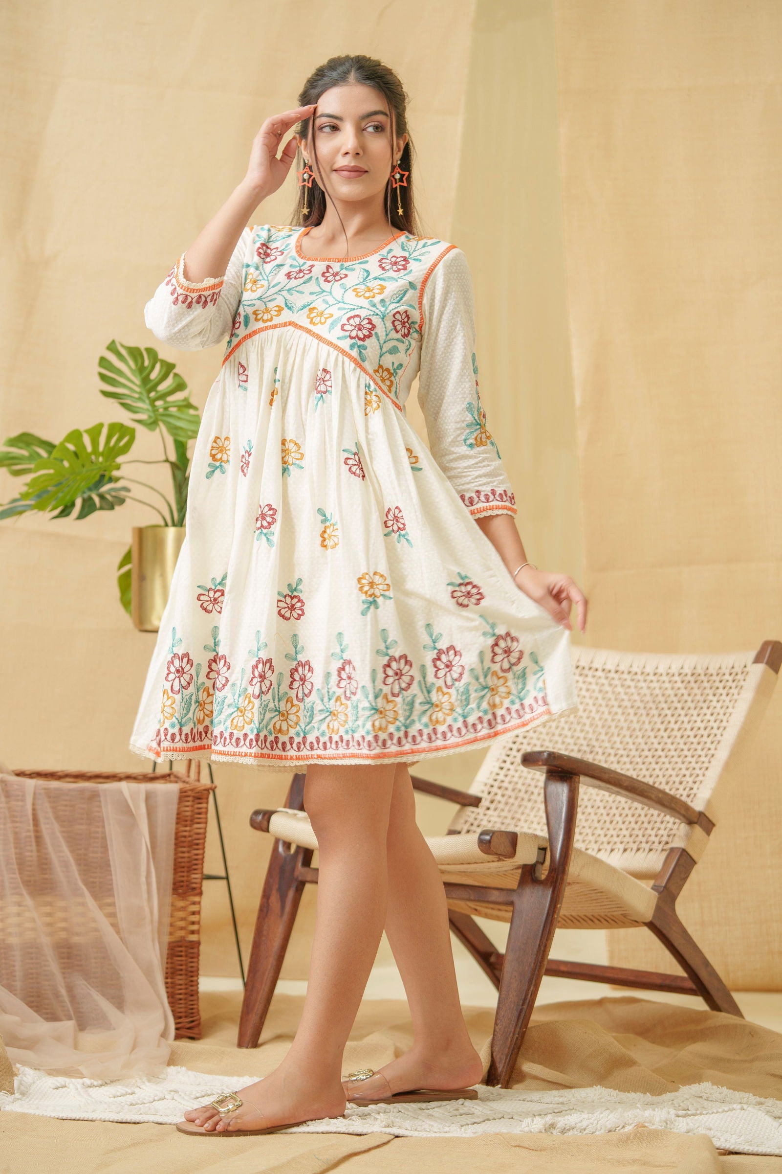 Floral Embroidered A Line Cotton Dress - Buy Best Ethnic Wear for Women & Girls | Daily Woman - 