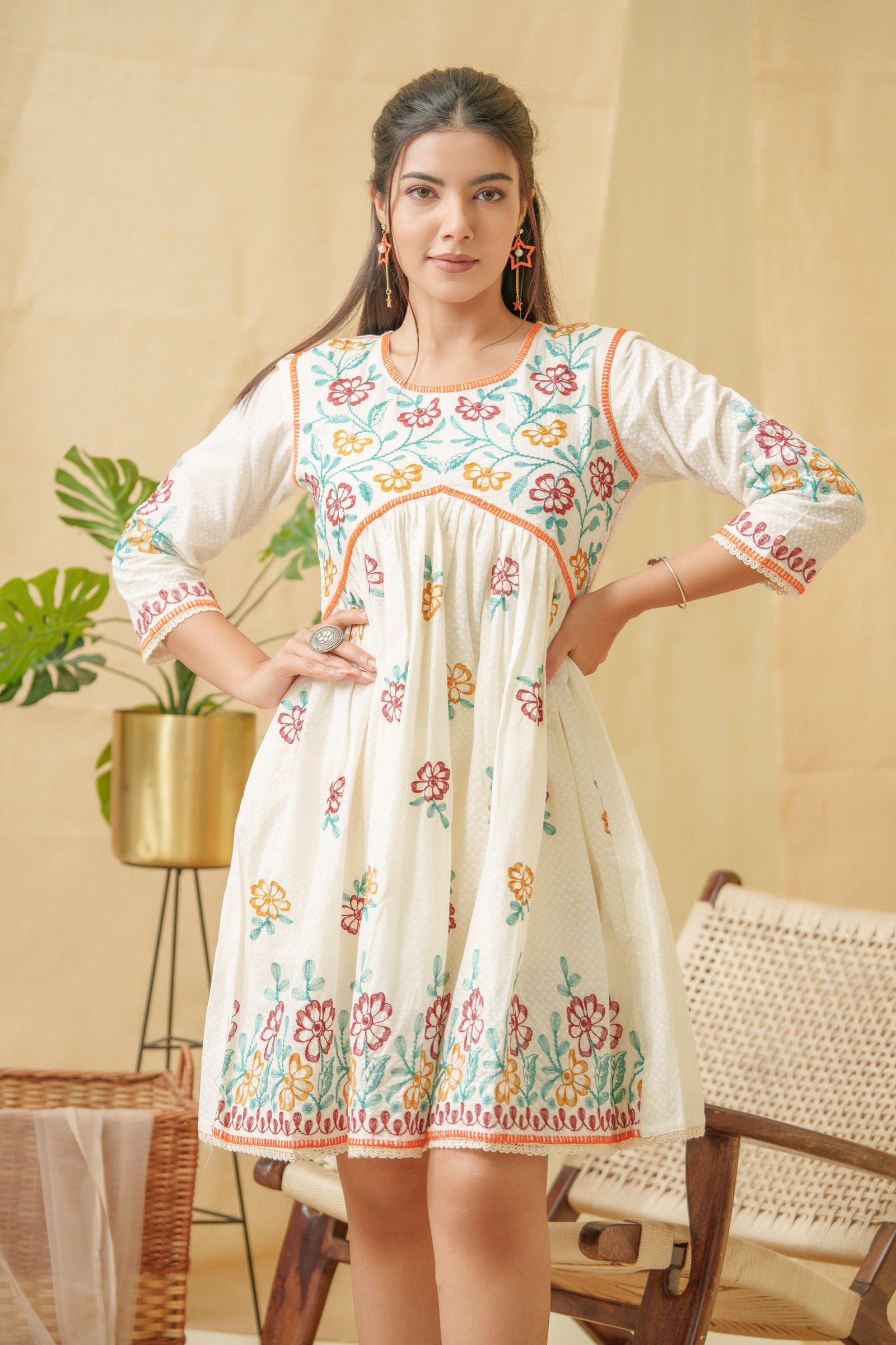 Floral Embroidered A Line Cotton Dress - Buy Best Ethnic Wear for Women & Girls | Daily Woman - 