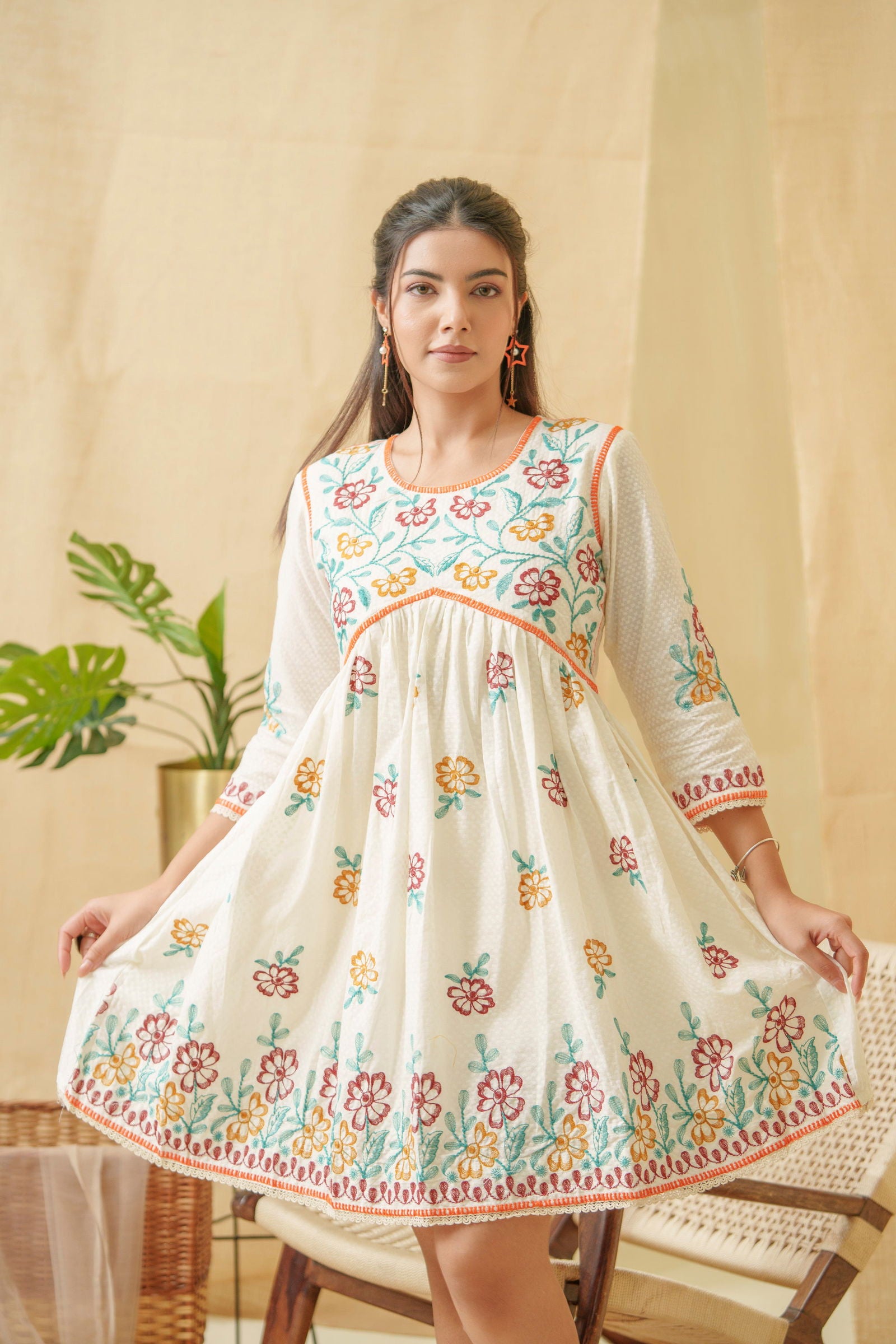 Floral Embroidered A Line Cotton Dress - Buy Best Ethnic Wear for Women & Girls | Daily Woman - 