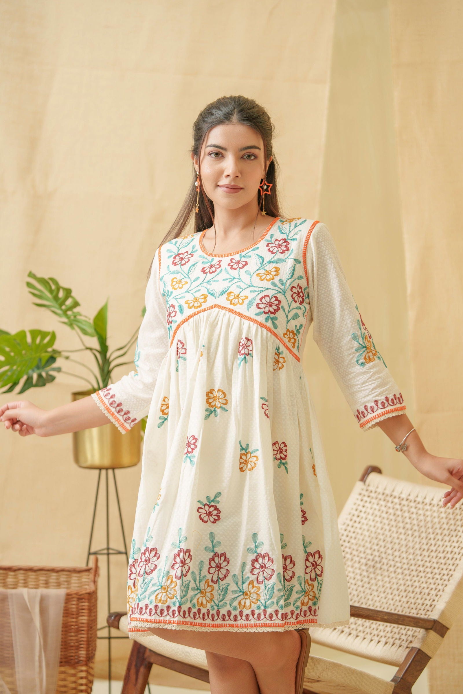 Floral Embroidered A Line Cotton Dress - Buy Best Ethnic Wear for Women & Girls | Daily Woman - 