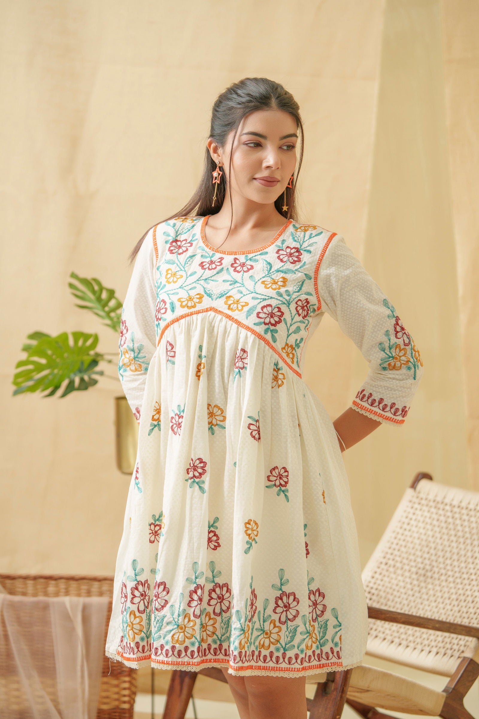 Floral Embroidered A Line Cotton Dress - Buy Best Ethnic Wear for Women & Girls | Daily Woman - 