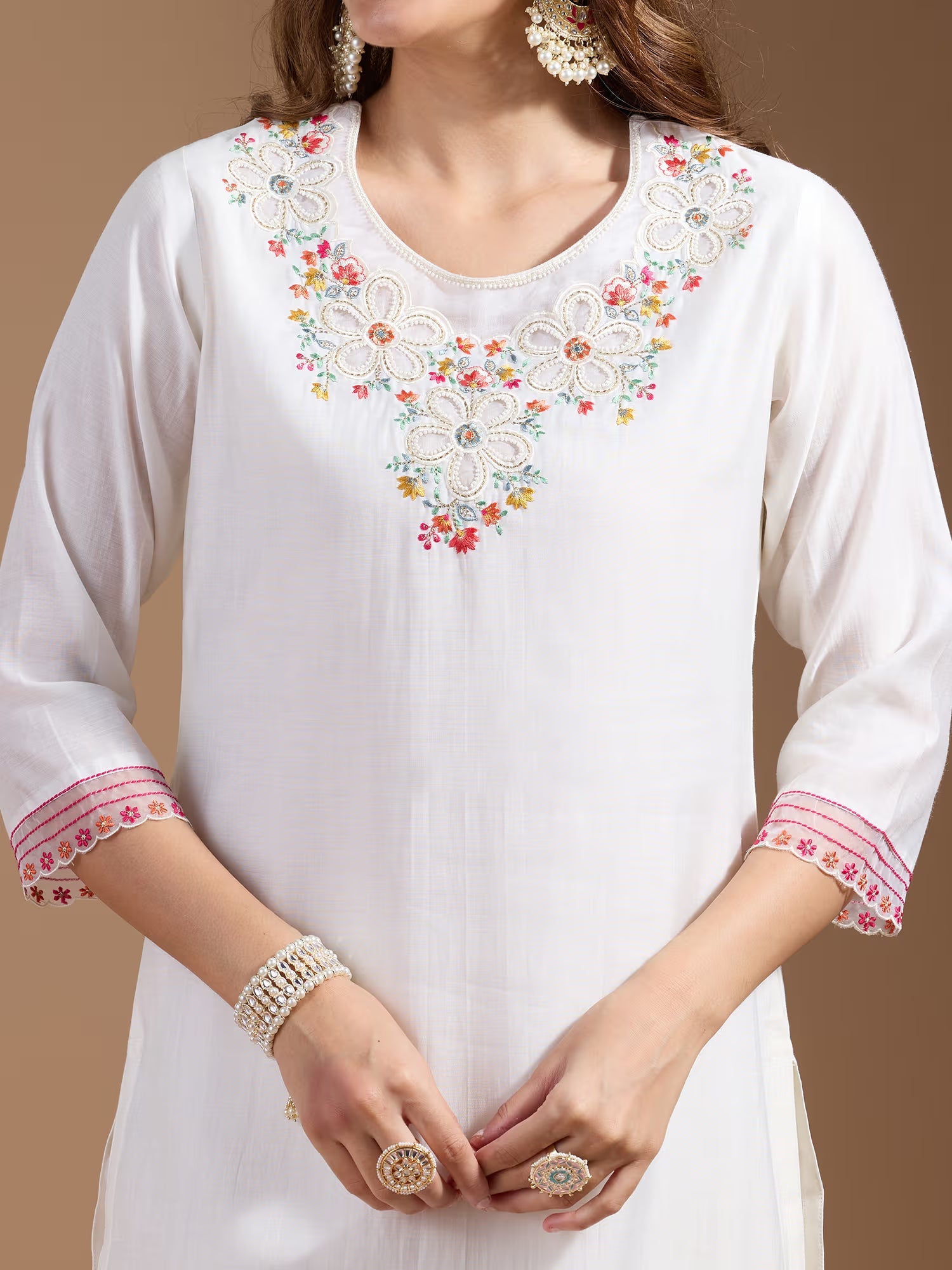 Floral Embroidered Kurta & Trouser With Dupatta - Buy Best Ethnic Wear for Women & Girls | Daily Woman - 