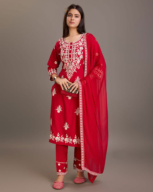 Floral Embroidered Round Neck Kurta With Trousers & Dupatta - Buy Best Ethnic Wear for Women & Girls | Daily Woman - 