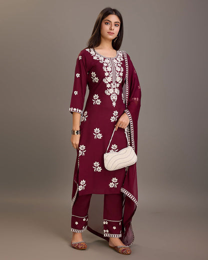 Floral Embroidered Round Neck Kurta With Trousers & Dupatta - Buy Best Ethnic Wear for Women & Girls | Daily Woman - 