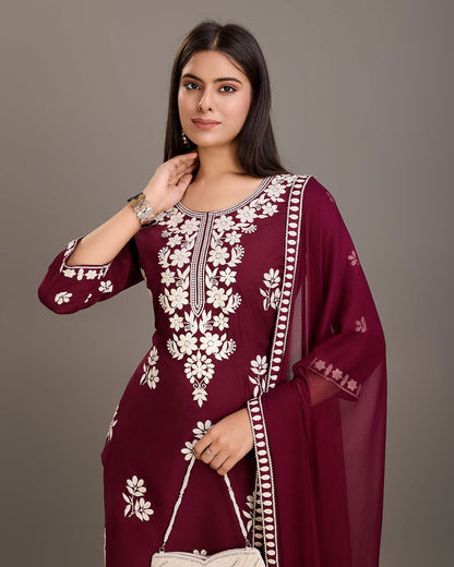 Floral Embroidered Round Neck Kurta With Trousers & Dupatta - Buy Best Ethnic Wear for Women & Girls | Daily Woman - 