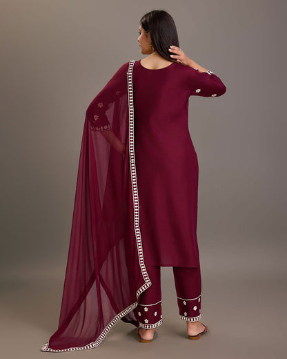Floral Embroidered Round Neck Kurta With Trousers & Dupatta - Buy Best Ethnic Wear for Women & Girls | Daily Woman - 