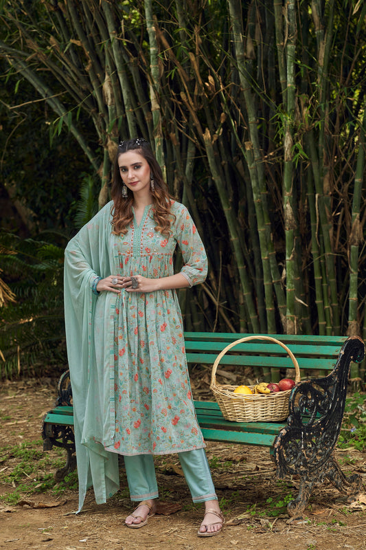 Floral Embroidered Sequinned Mandarin Collar Pure Cotton A Line Kurta Set - Buy Best Ethnic Wear for Women & Girls | Daily Woman - 