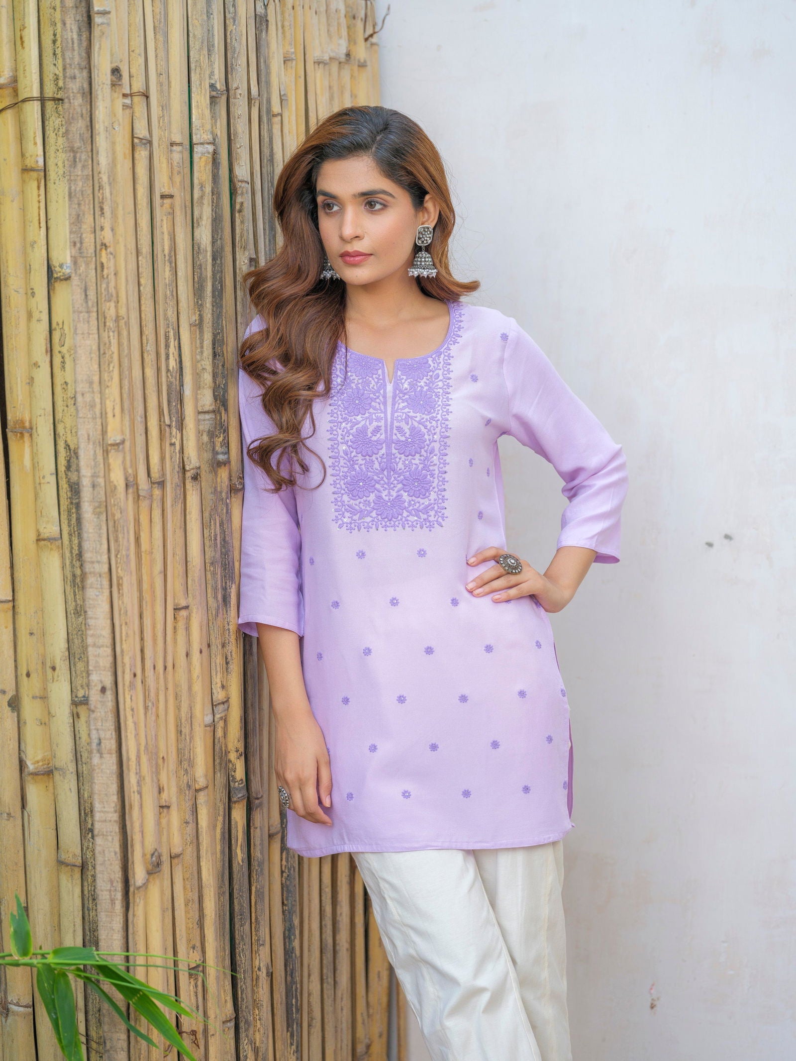 Floral Embroidered Sequinned Staright Kurti - Buy Best Ethnic Wear for Women & Girls | Daily Woman - 