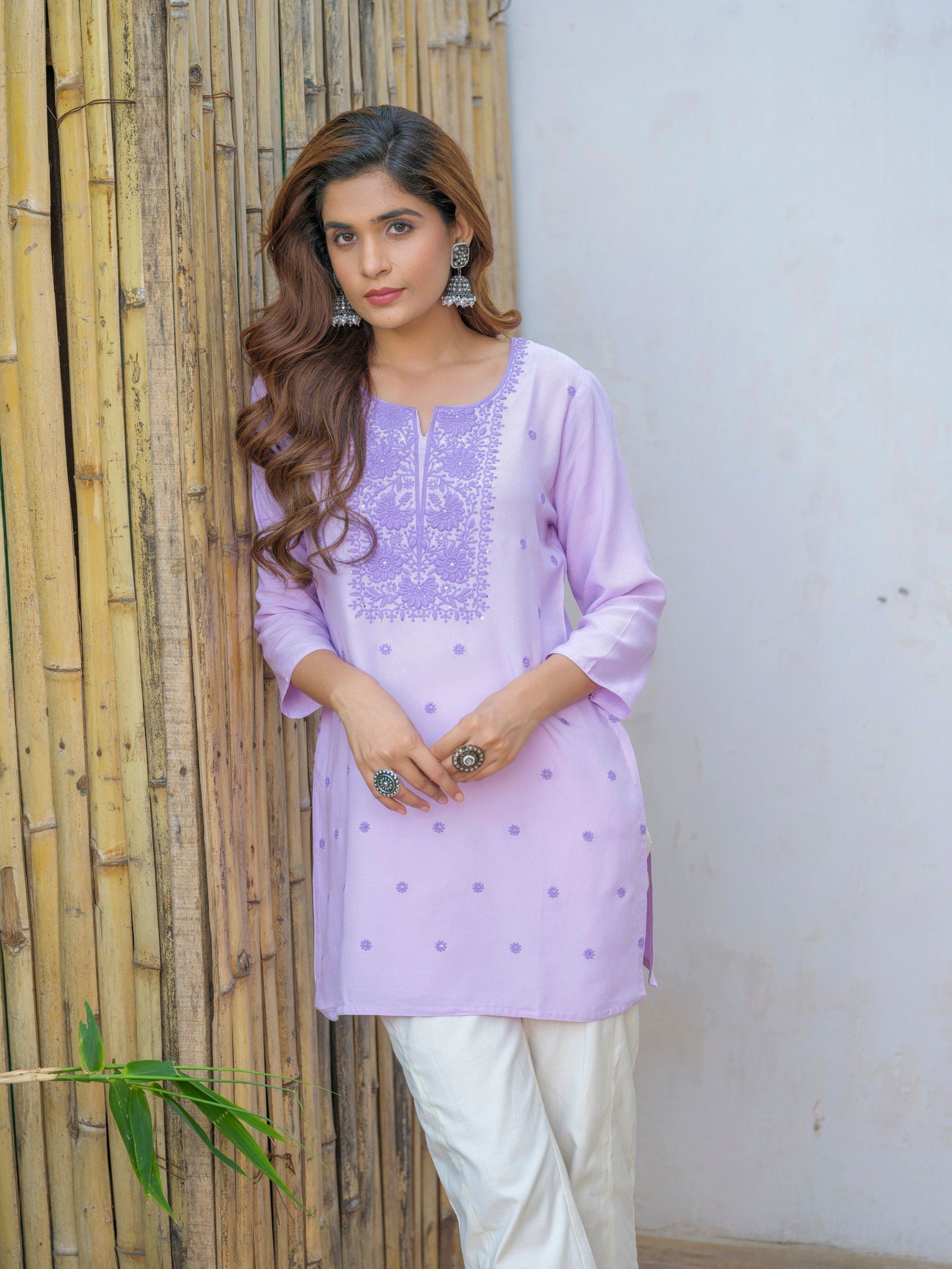 Floral Embroidered Sequinned Staright Kurti - Buy Best Ethnic Wear for Women & Girls | Daily Woman - 