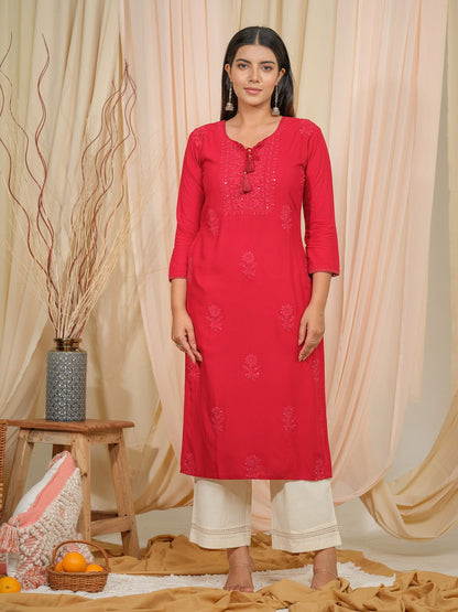 Floral Embroidered Tie-Up Neck Sequined Straight kurta - Buy Best Ethnic Wear for Women & Girls | Daily Woman - 