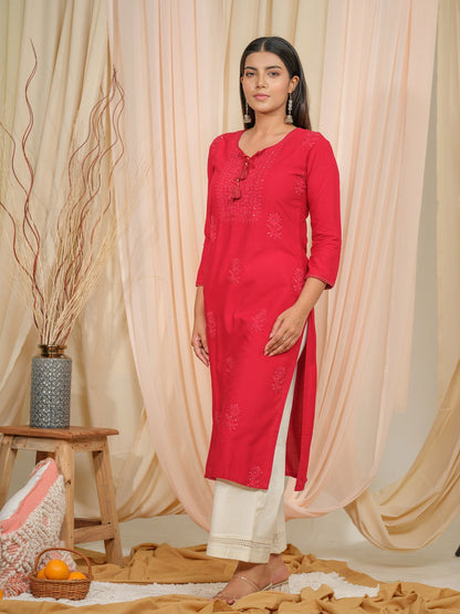 Floral Embroidered Tie-Up Neck Sequined Straight kurta - Buy Best Ethnic Wear for Women & Girls | Daily Woman - 