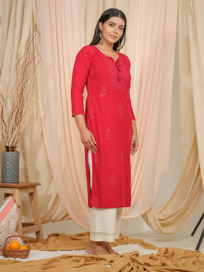Floral Embroidered Tie-Up Neck Sequined Straight kurta - Buy Best Ethnic Wear for Women & Girls | Daily Woman - 
