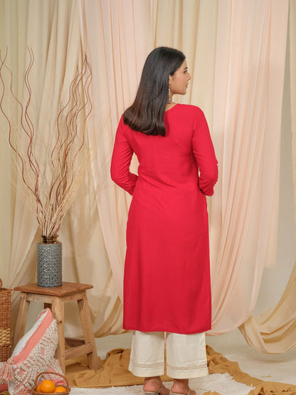 Floral Embroidered Tie-Up Neck Sequined Straight kurta - Buy Best Ethnic Wear for Women & Girls | Daily Woman - 